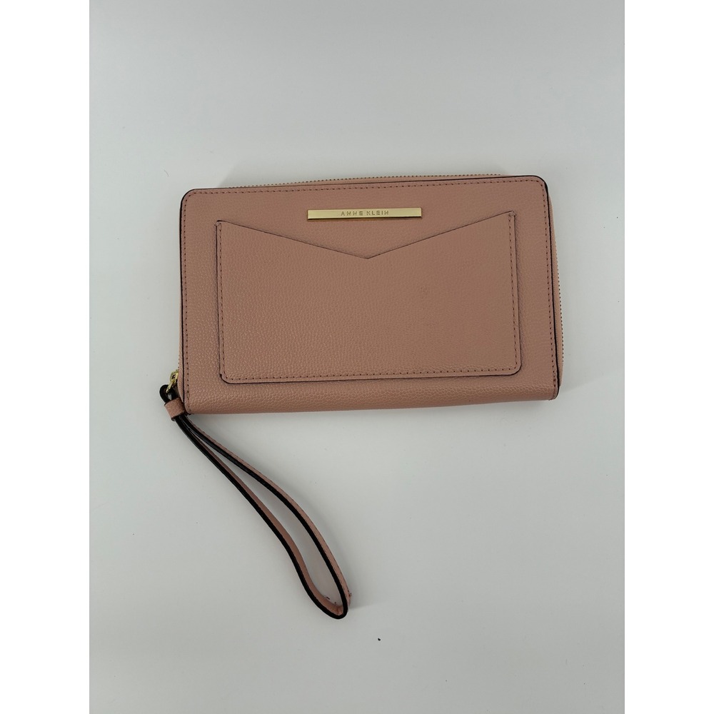 Anne Klein Womens Blush Pink Pebbled Zip Around Wristlet Wallet Gold Tone Logo